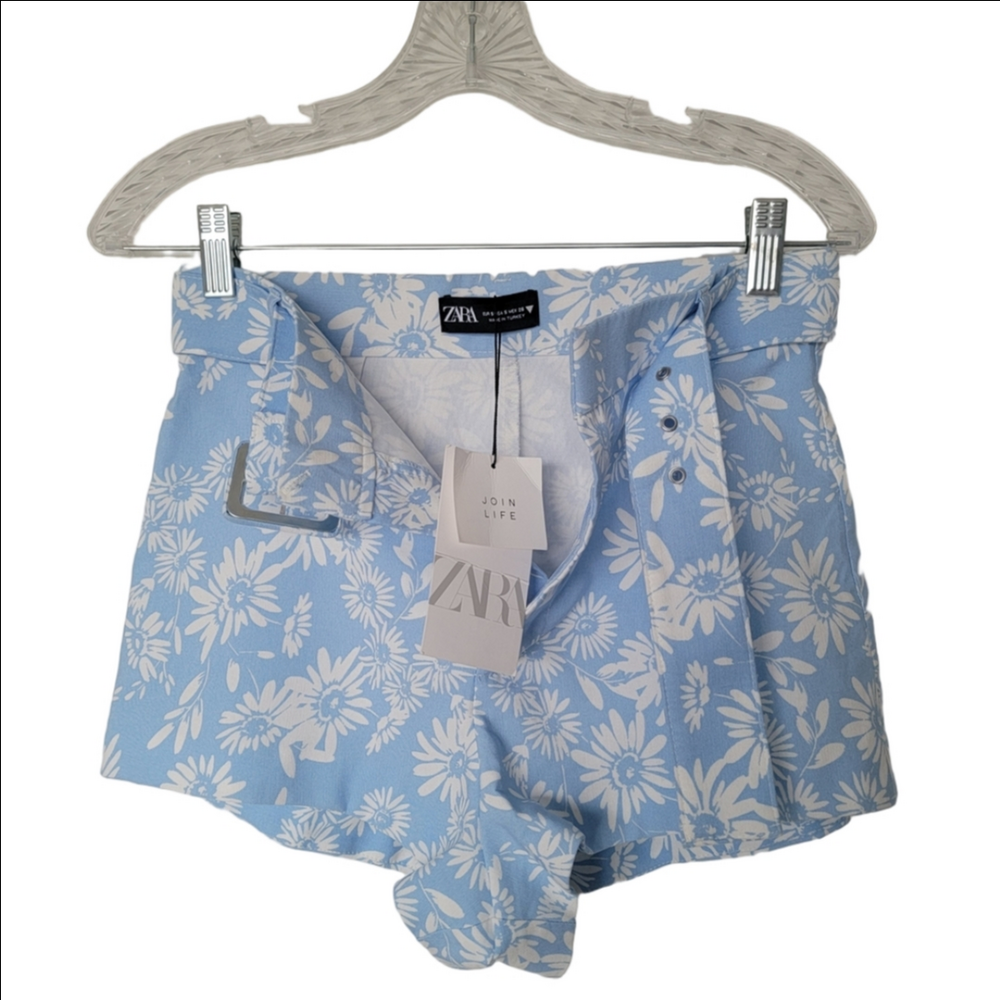 Zara Sky Blue Floral High Waist Shorts - Picture 9 of 10